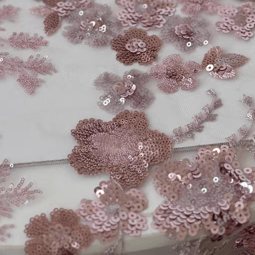 Pink Sequin Embroidered Floral Tulle Lace Fabric - WonderlandByLilian