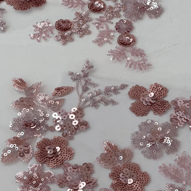 Pink Sequin Embroidered Floral Tulle Lace Fabric - WonderlandByLilian