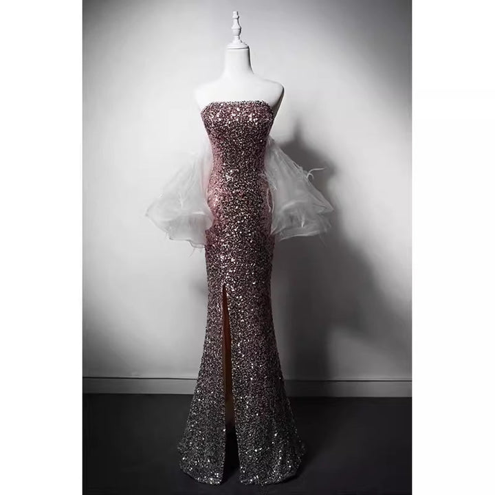 Pink Sequin Mermaid Evening Gown with Feather-Trimmed Tulle Accent and Thigh-High Slit - WonderlandByLilian