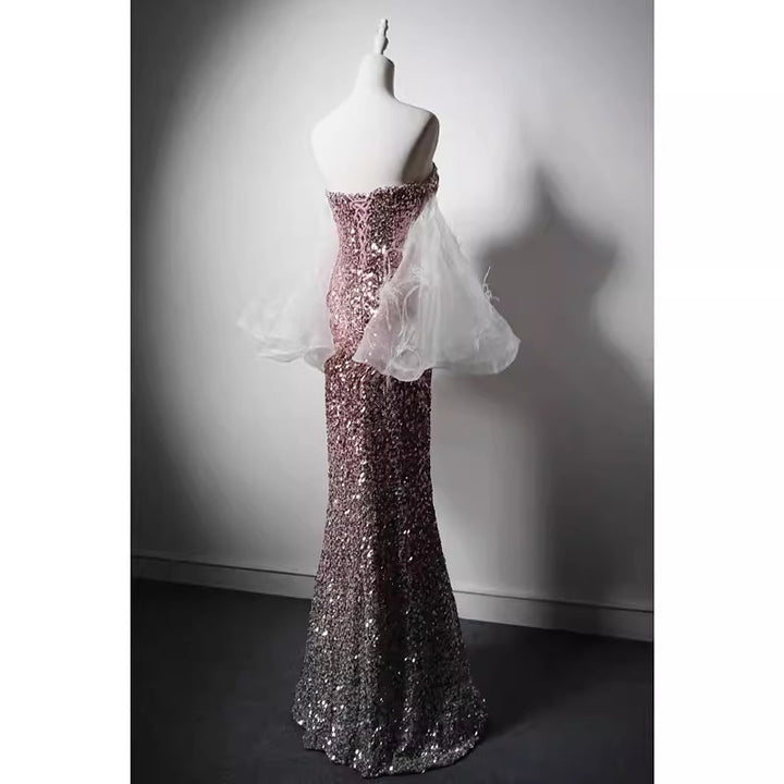 Pink Sequin Mermaid Evening Gown with Feather-Trimmed Tulle Accent and Thigh-High Slit - WonderlandByLilian