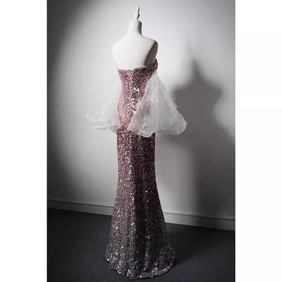 Pink Sequin Mermaid Evening Gown with Feather-Trimmed Tulle Accent and Thigh-High Slit - WonderlandByLilian