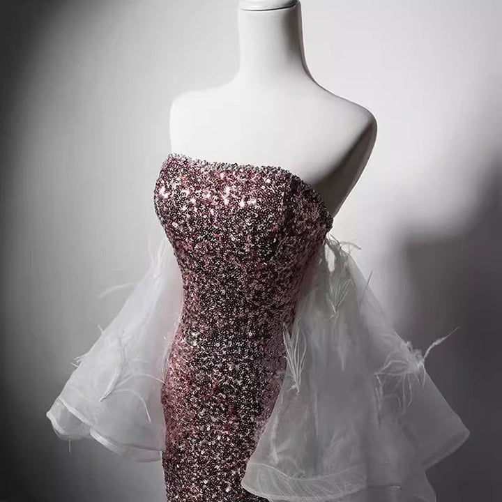 Pink Sequin Mermaid Evening Gown with Feather-Trimmed Tulle Accent and Thigh-High Slit - WonderlandByLilian