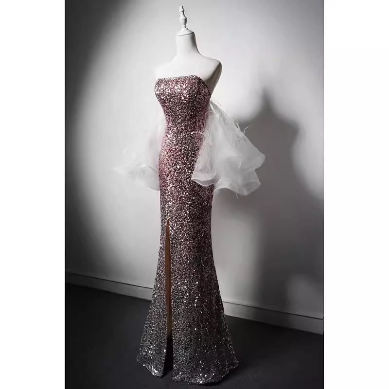Pink Sequin Mermaid Evening Gown with Feather-Trimmed Tulle Accent and Thigh-High Slit - WonderlandByLilian