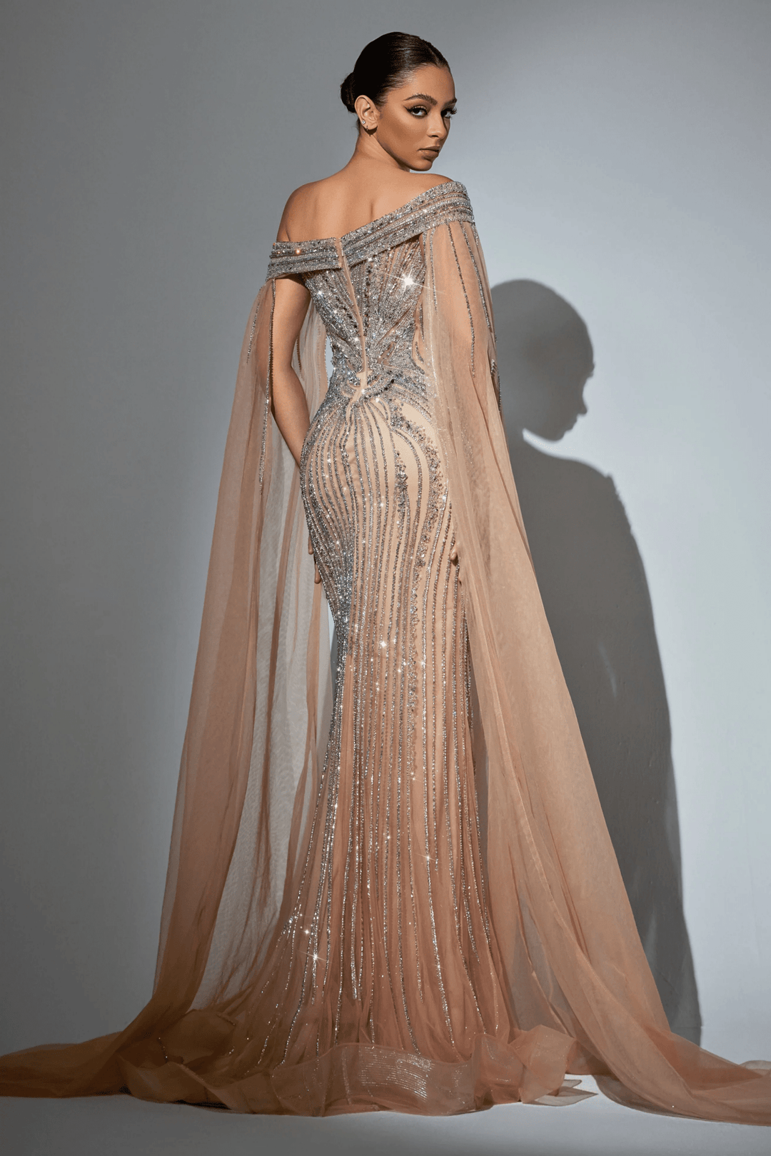 Pink Sequin Off - Shoulder Evening Gown with Crystal Beaded Detailing – Embellished Designer Gown with Flowing Sheer Train Plus Size - WonderlandByLilian