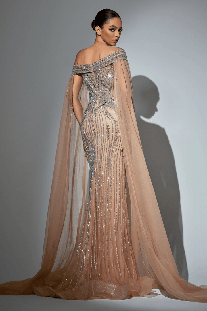 Pink Sequin Off - Shoulder Evening Gown with Crystal Beaded Detailing – Embellished Designer Gown with Flowing Sheer Train Plus Size - WonderlandByLilian