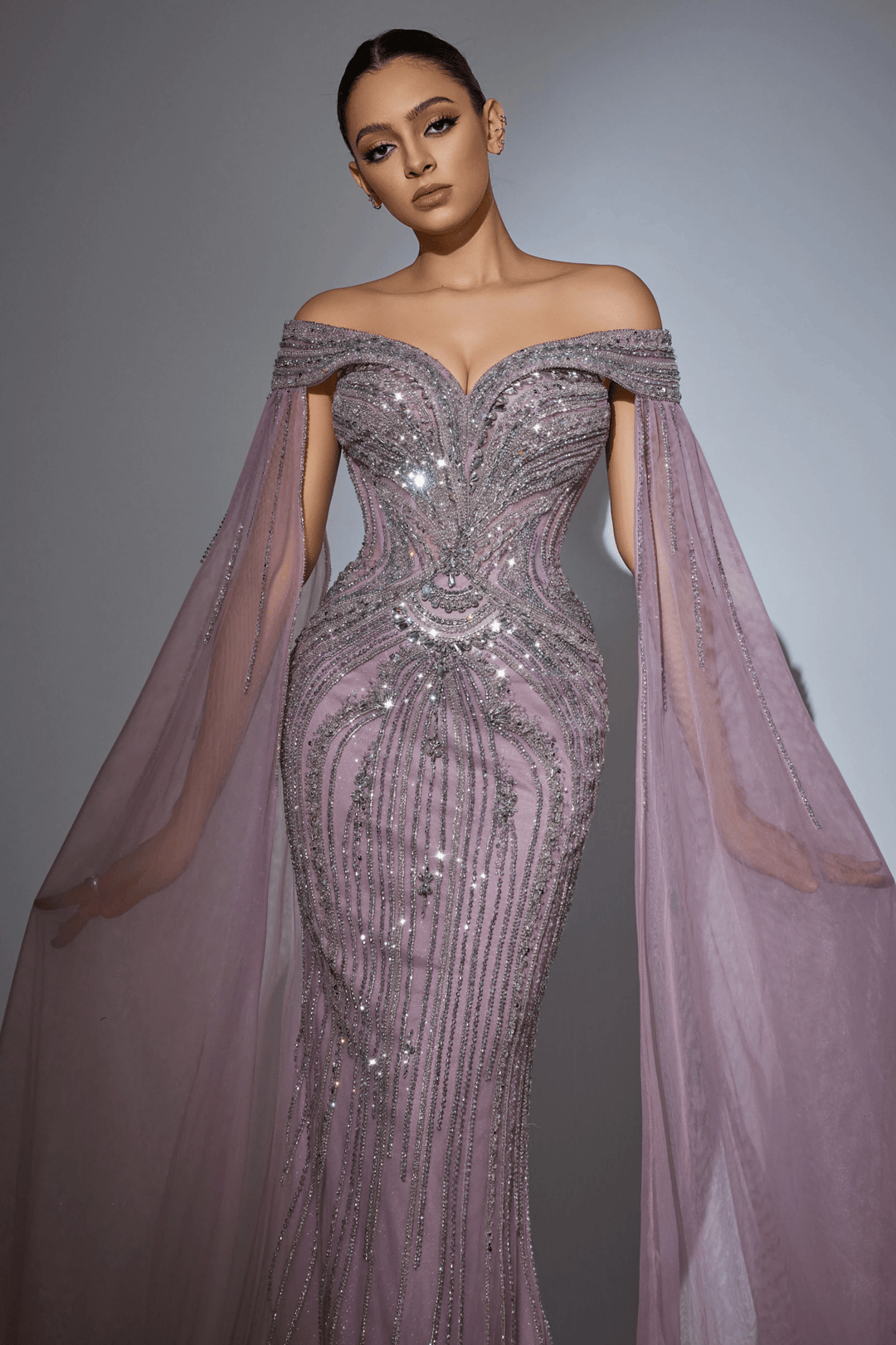 Pink Sequin Off - Shoulder Evening Gown with Crystal Beaded Detailing – Embellished Designer Gown with Flowing Sheer Train Plus Size - WonderlandByLilian