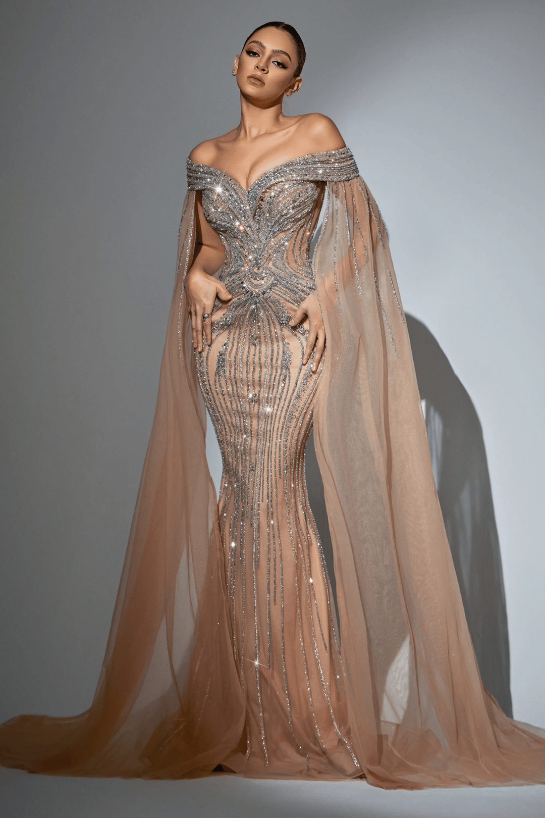 sheer crystal dress Champagne Sequin Off-Shoulder Evening Gown with Crystal Beaded Detailing – Embellished Designer Gown with Flowing Sheer Train Plus Size Size 28W /