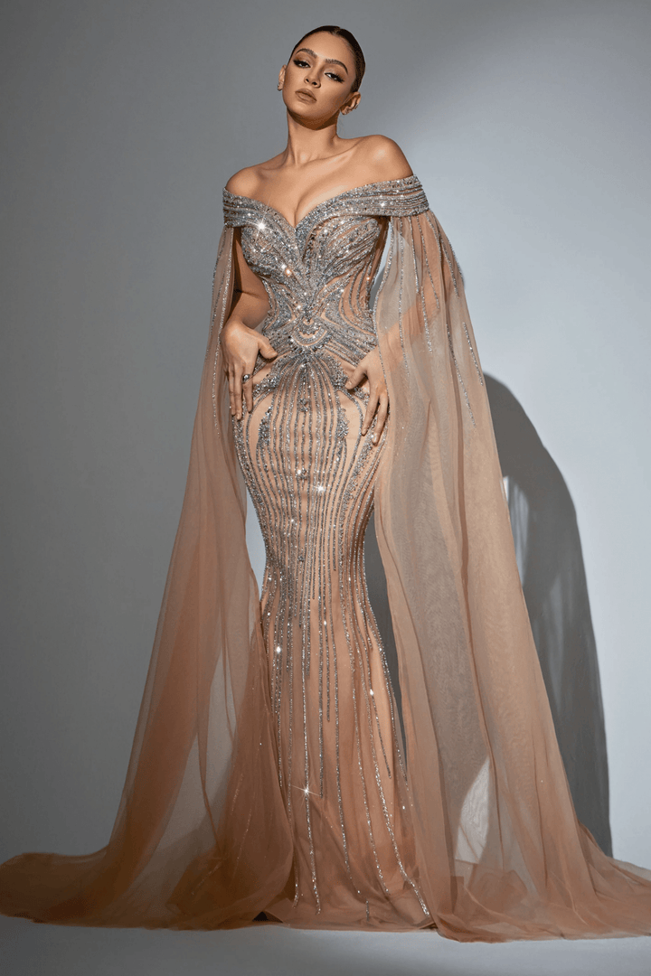 Pink Sequin Off - Shoulder Evening Gown with Crystal Beaded Detailing – Embellished Designer Gown with Flowing Sheer Train Plus Size - WonderlandByLilian