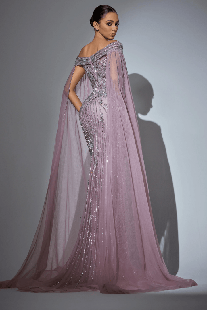 Pink Sequin Off - Shoulder Evening Gown with Crystal Beaded Detailing – Embellished Designer Gown with Flowing Sheer Train Plus Size - WonderlandByLilian