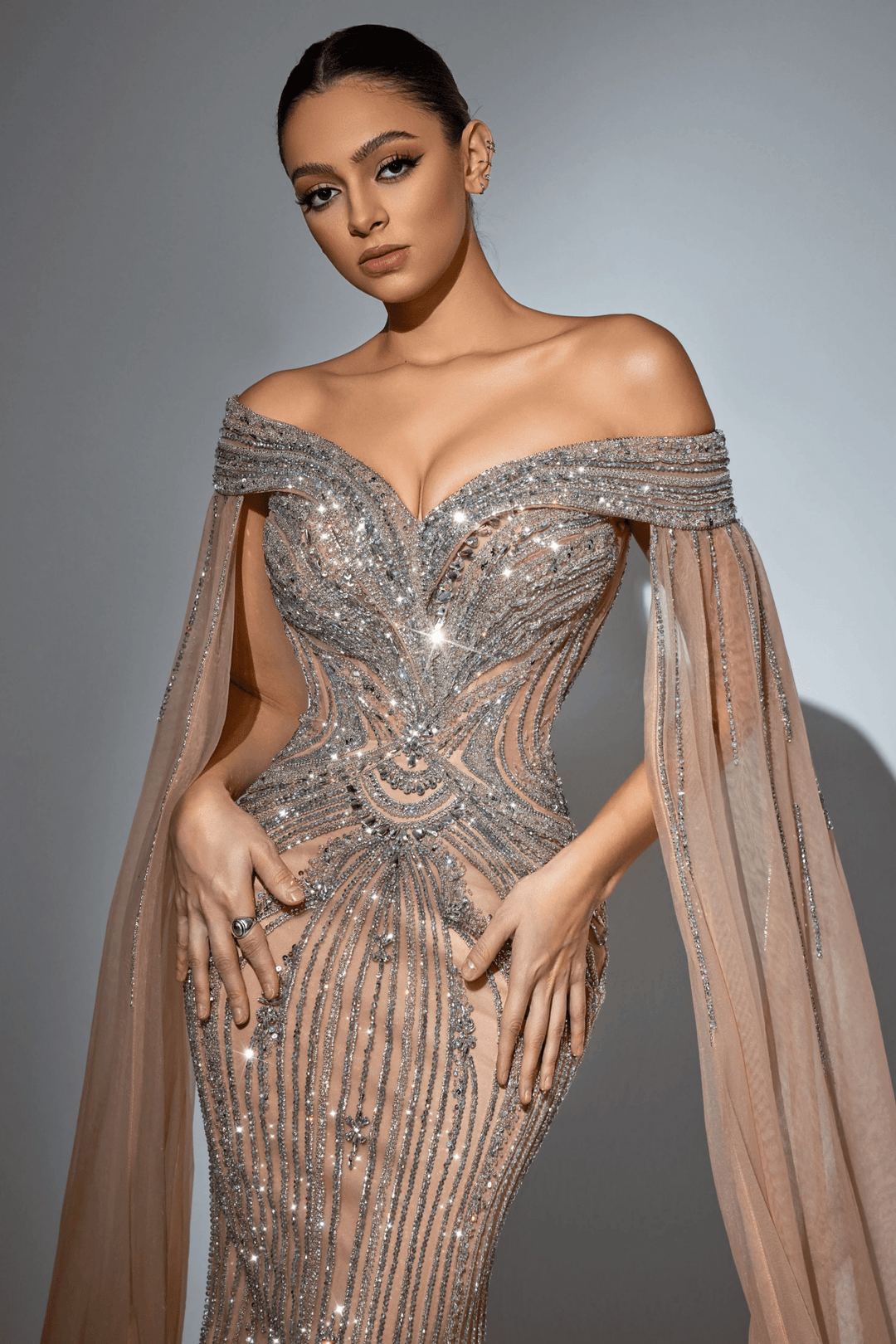 Pink Sequin Off - Shoulder Evening Gown with Crystal Beaded Detailing – Embellished Designer Gown with Flowing Sheer Train Plus Size - WonderlandByLilian