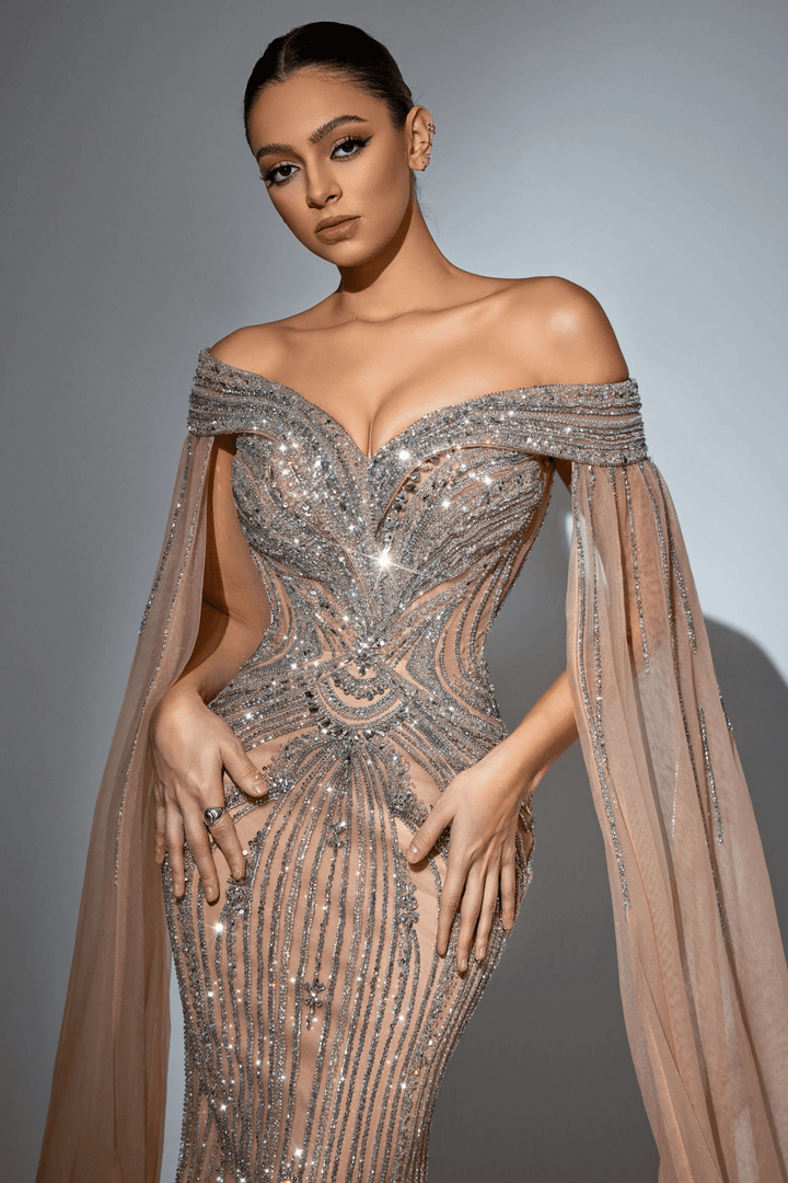 Pink Sequin Off - Shoulder Evening Gown with Crystal Beaded Detailing – Embellished Designer Gown with Flowing Sheer Train Plus Size - WonderlandByLilian