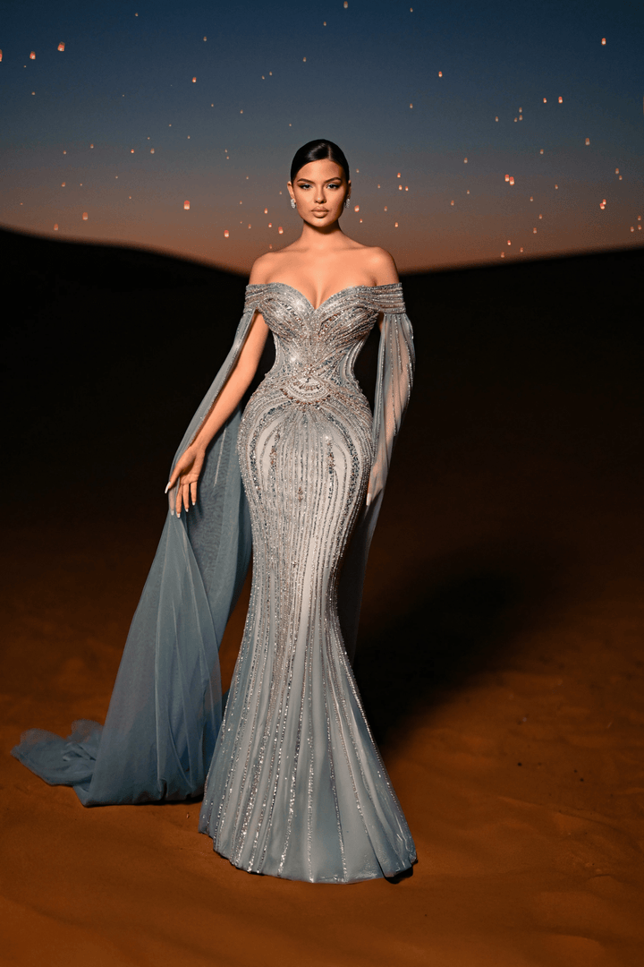 Pink Sequin Off - Shoulder Evening Gown with Crystal Beaded Detailing – Embellished Designer Gown with Flowing Sheer Train Plus Size - WonderlandByLilian