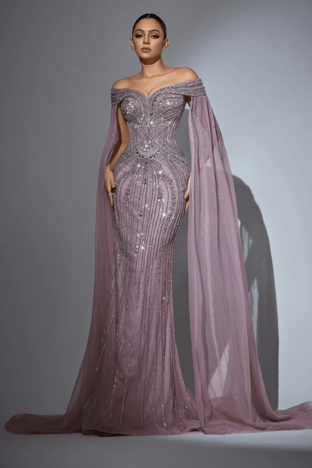 Pink Sequin Off-Shoulder Evening Gown with Crystal Beaded Detailing – Embellished Designer Gown with Flowing Sheer Train Plus Size Size 26W / Pink