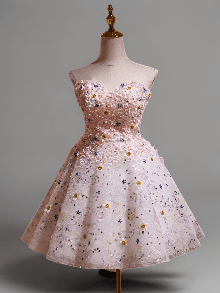 Pink Short Wedding Party Dress - Floral Embellished Tulle Dress - Strapless Bridal Dress with Corset Back Plus Size - WonderlandByLilian
