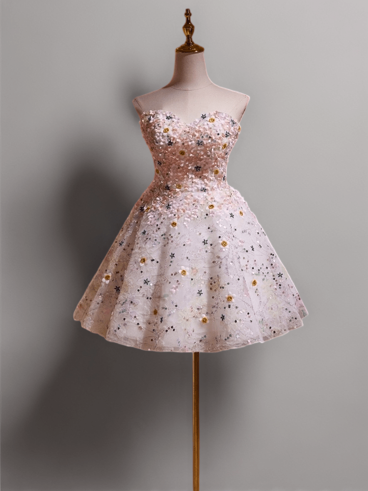Pink Short Wedding Party Dress - Floral Embellished Tulle Dress - Strapless Bridal Dress with Corset Back Plus Size Size 16 / Pink Pink Short Wedding Party Dress - Floral Embellished Tulle Dress - Strapless Bridal Dress with Corset Back Plus Size Size 16 / Pink