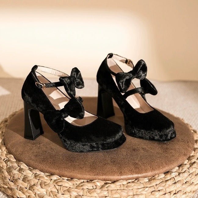 Pink Velvet Gothic Heels with Bow Gothic High Heels CN 39 US 7.5 Coffee