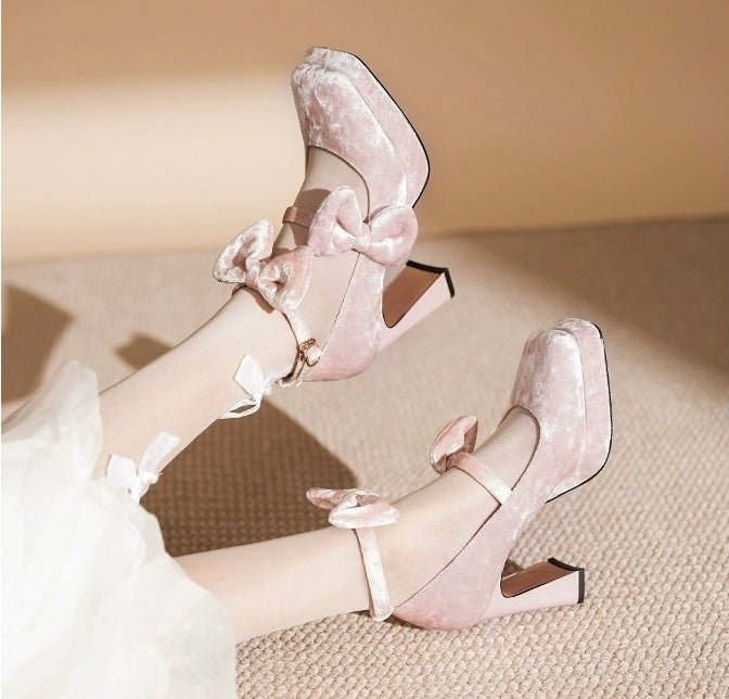 Pink Velvet Gothic Heels with Bow - Gothic High Heels - WonderlandByLilian