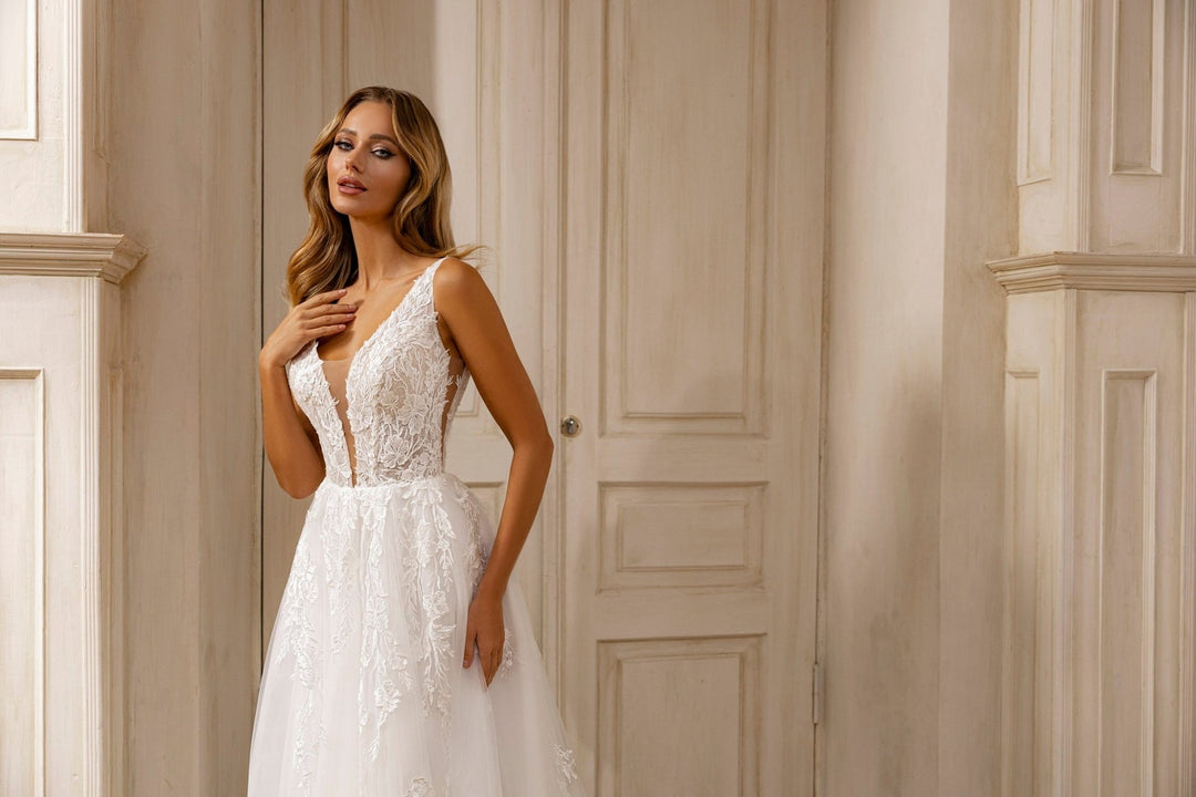 Plunging Lace Bodice Tulle A-Line Wedding Gown with Ethereal Train - WonderlandByLilian