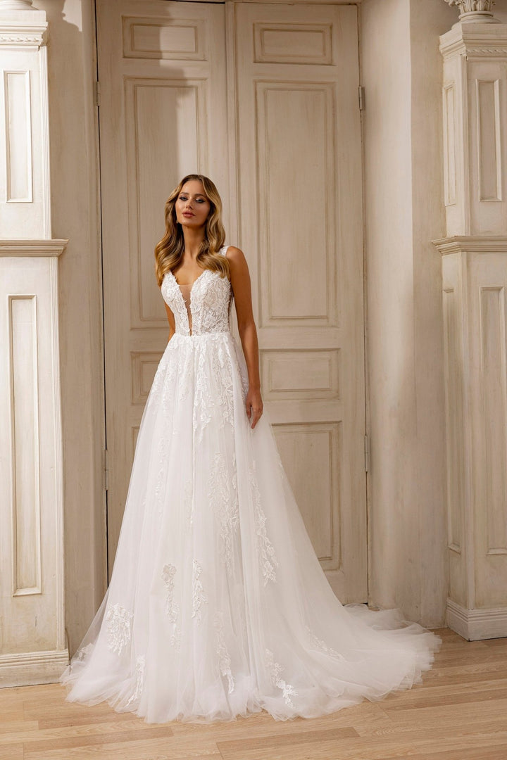 Plunging Lace Bodice Tulle A-Line Wedding Gown with Ethereal Train - WonderlandByLilian