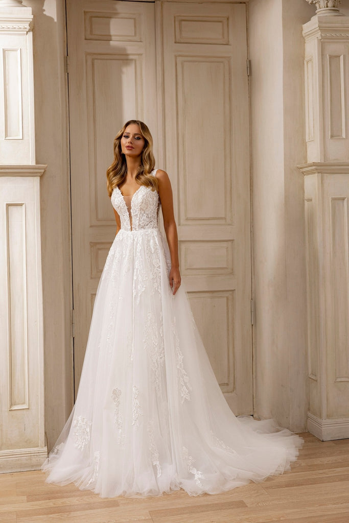 Plunging Lace Bodice Tulle A-Line Wedding Gown with Ethereal Train WonderlandByLilian Plunging Lace Bodice Tulle A-Line Wedding Gown with Ethereal Train WonderlandByLilian