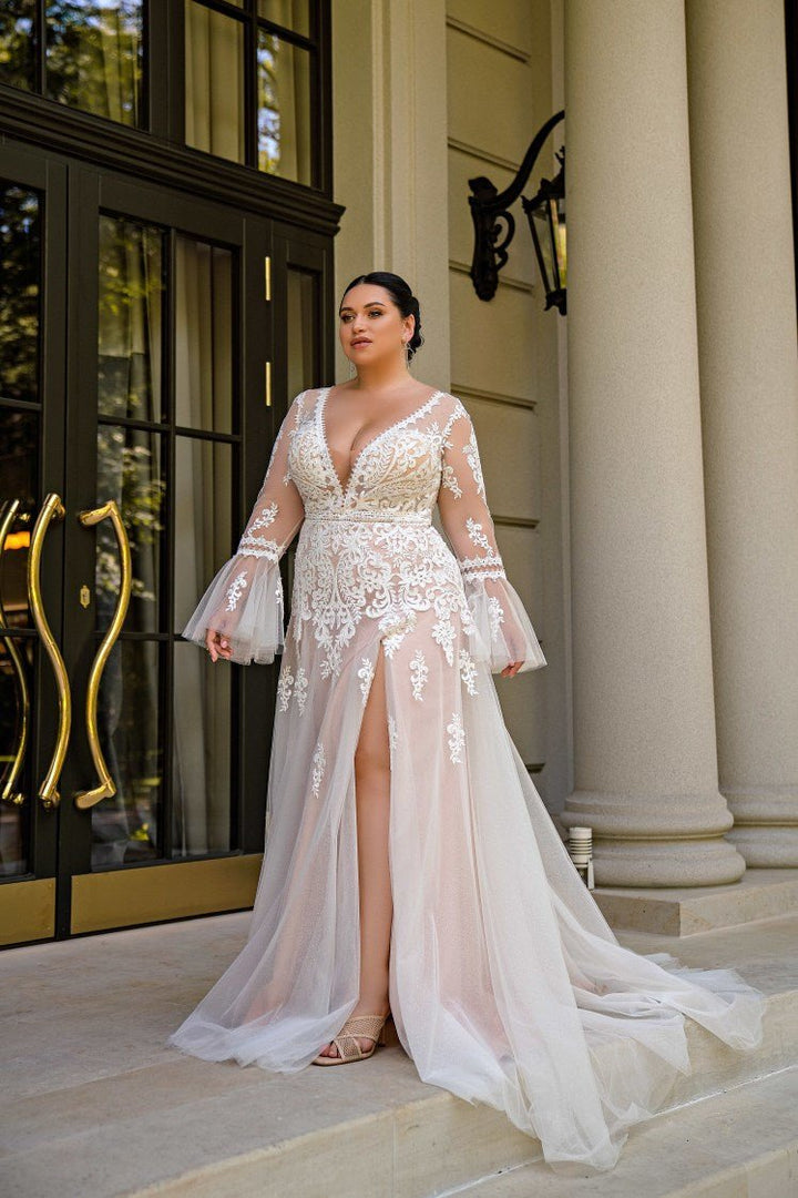 Plus Size Boho Wedding Dress with Lace and V - Neck - Long Sleeves Wedding Dress with Deep Front Cut and High Slit - NILI - WonderlandByLilian