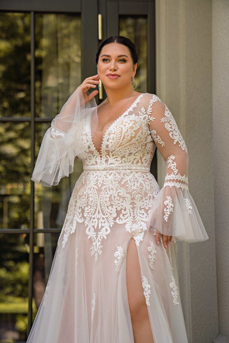 Plus Size Boho Wedding Dress with Lace and V-Neck - Long Sleeves Wedding Dress with Deep Front Cut and High Slit - NILI Plus Size Boho Wedding Dress with Lace and V-Neck - Long Sleeves Wedding Dress with Deep Front Cut and High Slit - NILI