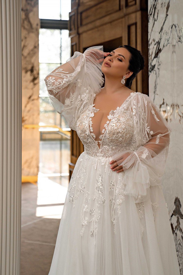 Plus Size Fairy Inspired Wedding Dress with V-Neckline and Beads - Detachable Long Sleeves Wedding Dress with Lace and Silver Sequins - NANCY Plus Size Fairy Inspired Wedding Dress with V-Neckline and Beads - Detachable Long Sleeves Wedding Dress with Lace and Silver Sequins - NANCY