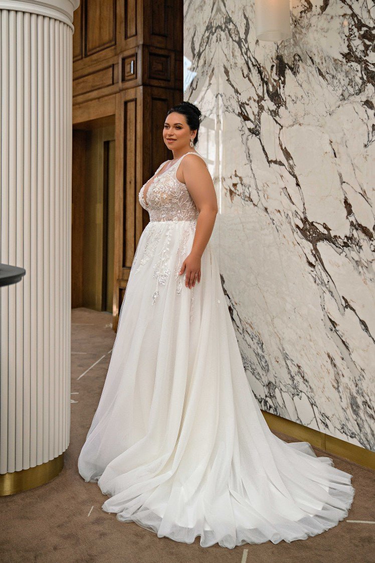 Princess Bridal Gown - Deep V-Neck Lace Wedding Dress With Long Train & Beading (Custom Sizes) David's Bridal Beading V Neck Wedding Dresses Princess Bridal Gown - Deep V-Neck Lace Wedding Dress With Long Train & Beading (Custom Sizes) David's Bridal Beading V Neck Wedding Dresses