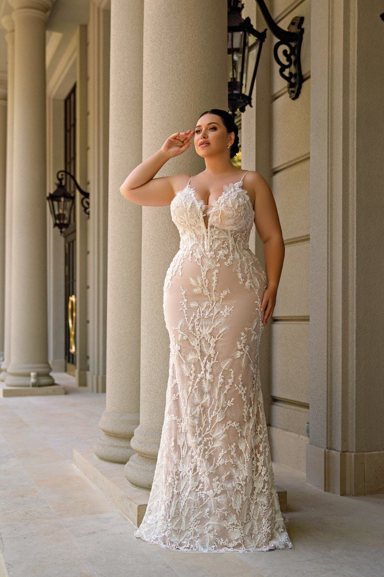 Plus Size Godet Silhouette Wedding Dress - Long Sleeves Wedding Dress with Straps - Convertible Wedding Dress with Beads and Sequin Embroidery Plus Size Godet Silhouette Wedding Dress - Long Sleeves Wedding Dress with Straps - Convertible Wedding Dress with Beads and Sequin Embroidery