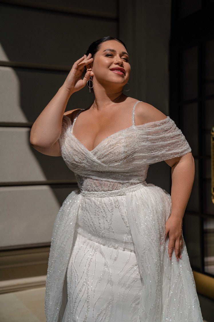 Plus Size Lace Aline Wedding Dress with Straps - Off the Shoulder Wedding Dress with Convertible Royal Satin Train - NAIRA - WonderlandByLilian