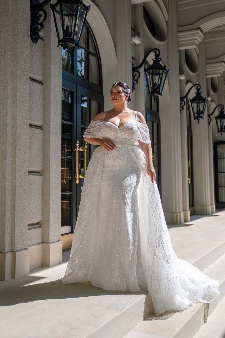 Plus Size Lace Aline Wedding Dress with Straps - Off the Shoulder Wedding Dress with Convertible Royal Satin Train - NAIRA - WonderlandByLilian