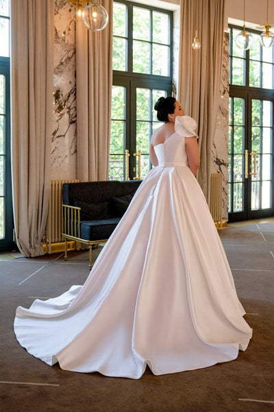 asymmetrical one shoulder wedding dress Plus Size Luxury Satin with Waist Corset - Off Wedding Gown with Convertible Belt length Long Sleeve Open