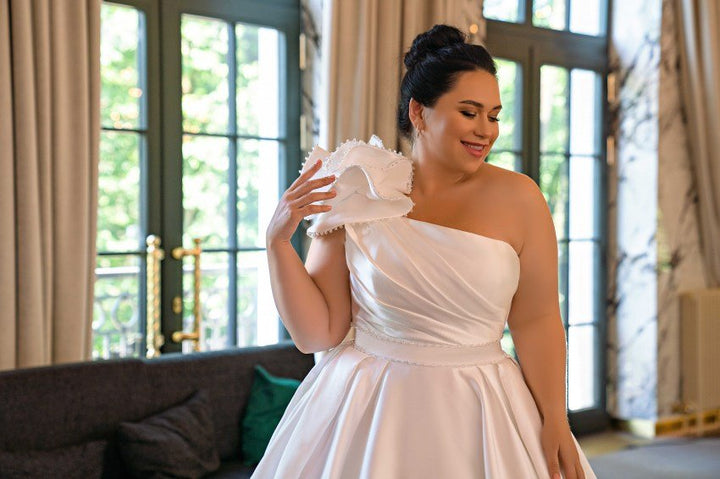 Plus Size Luxury Satin Wedding Dress with Asymmetrical Waist Corset - Off One Shoulder Wedding Gown with Convertible Belt - NINA - WonderlandByLilian