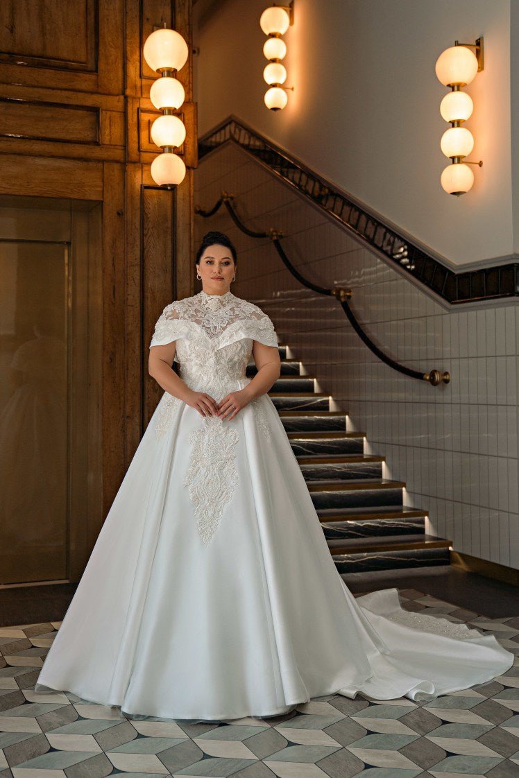 Plus Size Mikado Wedding Dress with Open-Shoulder Corset - Off Shoulder Wedding Dress with Lace - Convertible Wedding Dress - NICOLE Plus Size Mikado Wedding Dress with Open-Shoulder Corset - Off Shoulder Wedding Dress with Lace - Convertible Wedding Dress - NICOLE