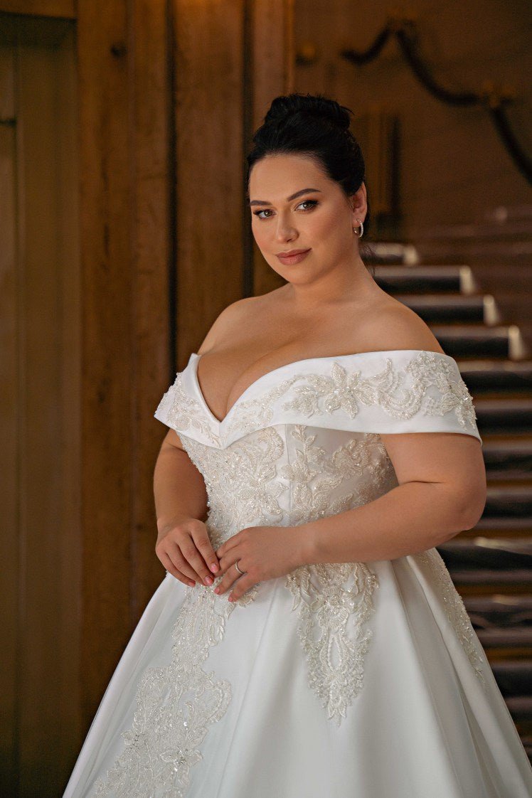 plus size bridal dresses Plus Size Mikado Wedding Dress with Open-Shoulder Corset - Off Shoulder Wedding Dress with Lace - Convertible Wedding Dress