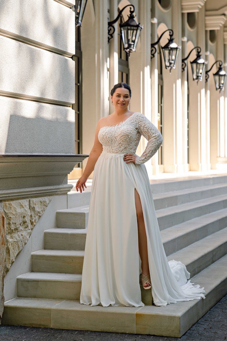 Plus Size Off One Shoulder Wedding Dress with Long Sleeves - Aline Wedding Dress with Lace Sleeves and Side Slit - NIUSHA - WonderlandByLilian