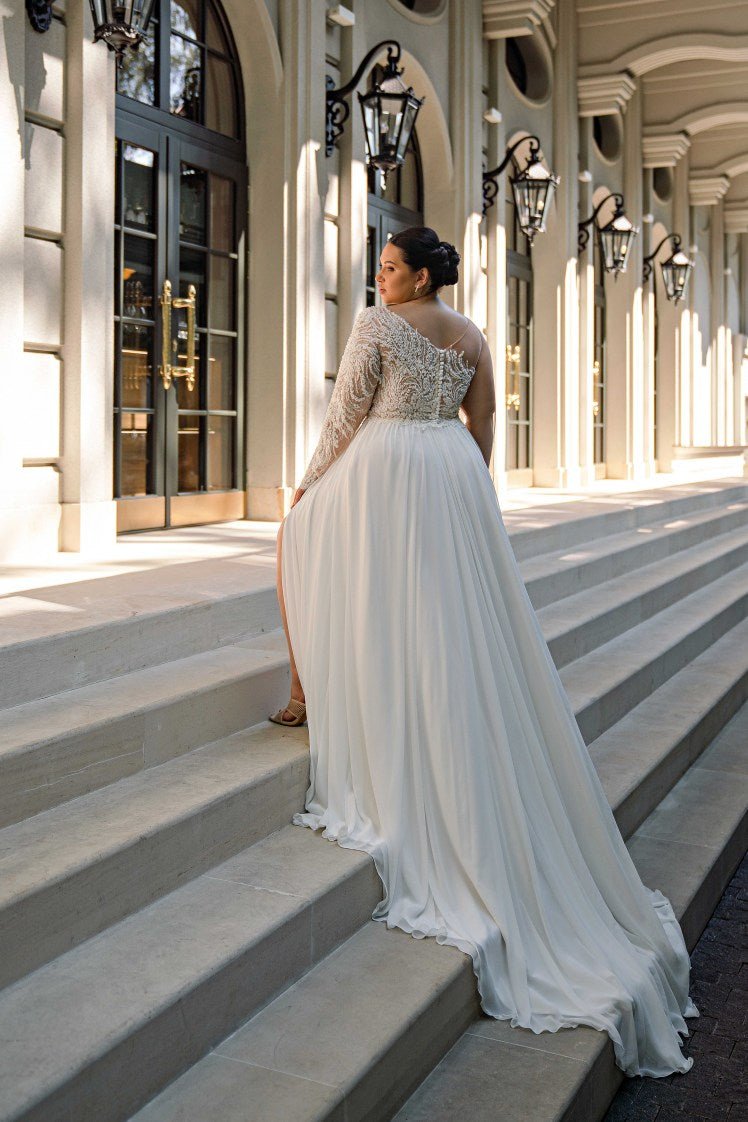 Plus Size Off One Shoulder Wedding Dress with Long Sleeves - Aline Wedding Dress with Lace Sleeves and Side Slit - NIUSHA - WonderlandByLilian