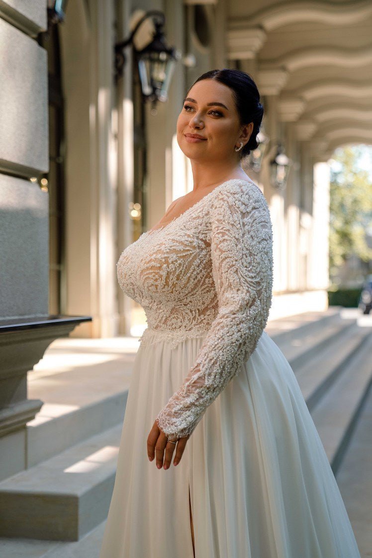 Plus Size Off One Shoulder Wedding Dress with Long Sleeves - Aline Wedding Dress with Lace Sleeves and Side Slit - NIUSHA - WonderlandByLilian