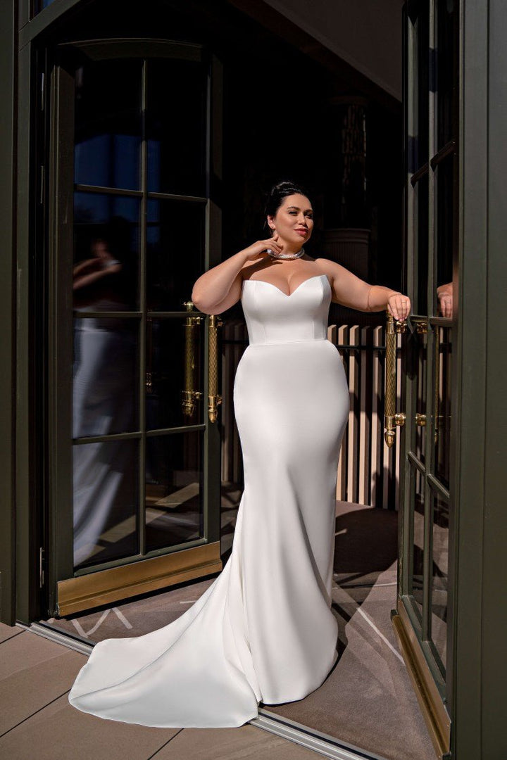 Plus Size Off - Shoulder Mermaid Wedding Dress with Train - Simple Satin Wedding Dress with Removable Bow Collar Plus Size - NIKA - WonderlandByLilian