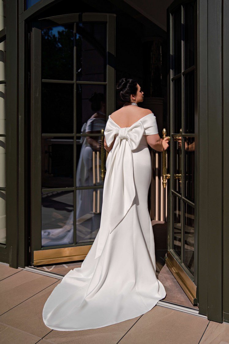 Plus Size Off-Shoulder Mermaid Wedding Dress with Train - Simple Satin WonderlandByLilian Plus Size Off-Shoulder Mermaid Wedding Dress with Train - Simple Satin WonderlandByLilian