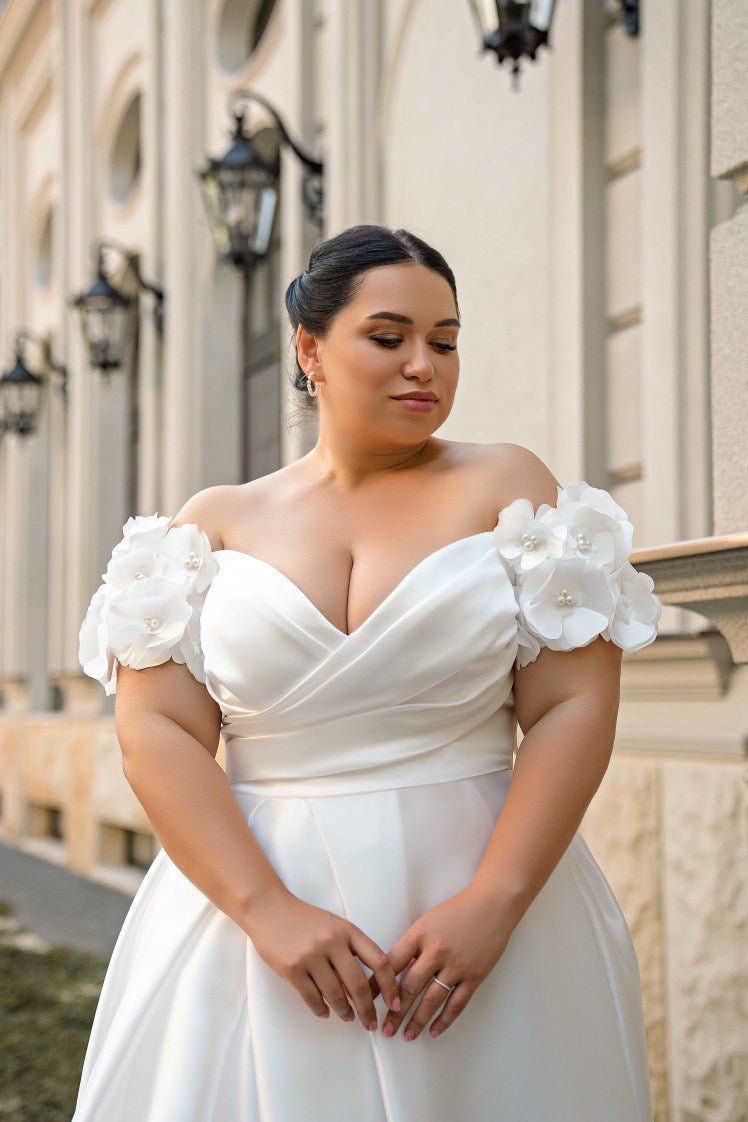 Plus Size Off Shoulder Wedding Dress with Flower Sleeves - Satin Wedding Dress with Side Slit and Corset Back Plus Size Off Shoulder Wedding Dress with Flower Sleeves - Satin Wedding Dress with Side Slit and Corset Back