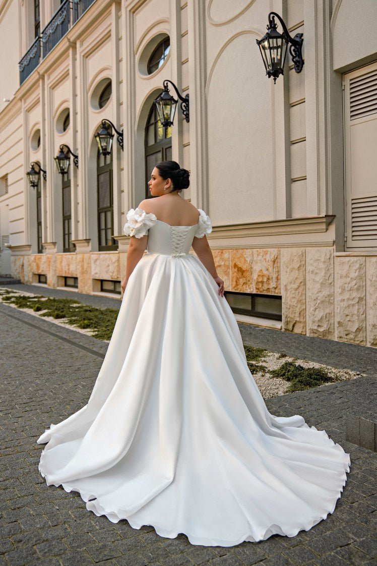 Plus Size Off Shoulder Wedding Dress with Flower Sleeves - Satin Wedding Dress with Side Slit and Corset Back - NAJA - WonderlandByLilian