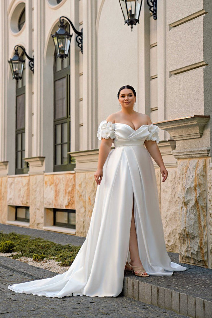 Plus Size Off Shoulder Wedding Dress with Flower Sleeves - Satin Wedding Dress with Side Slit and Corset Back - NAJA Plus Size Off Shoulder Wedding Dress with Flower Sleeves - Satin Wedding Dress with Side Slit and Corset Back - NAJA