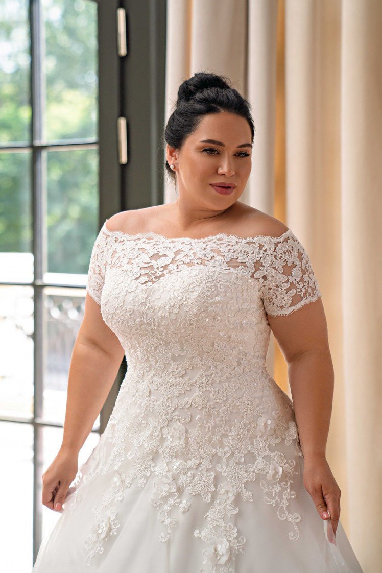 Plus Size Satin Wedding Dress with Removable Train - Royal Satin Corset with Open Shoulders and Lace Details Plus Size - NYLA - WonderlandByLilian