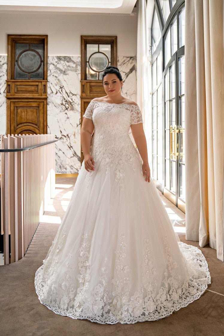 Plus Size Satin Wedding Dress with Removable Train - Royal Satin Corset with Open Shoulders and Lace Details Plus Size - NYLA - WonderlandByLilian