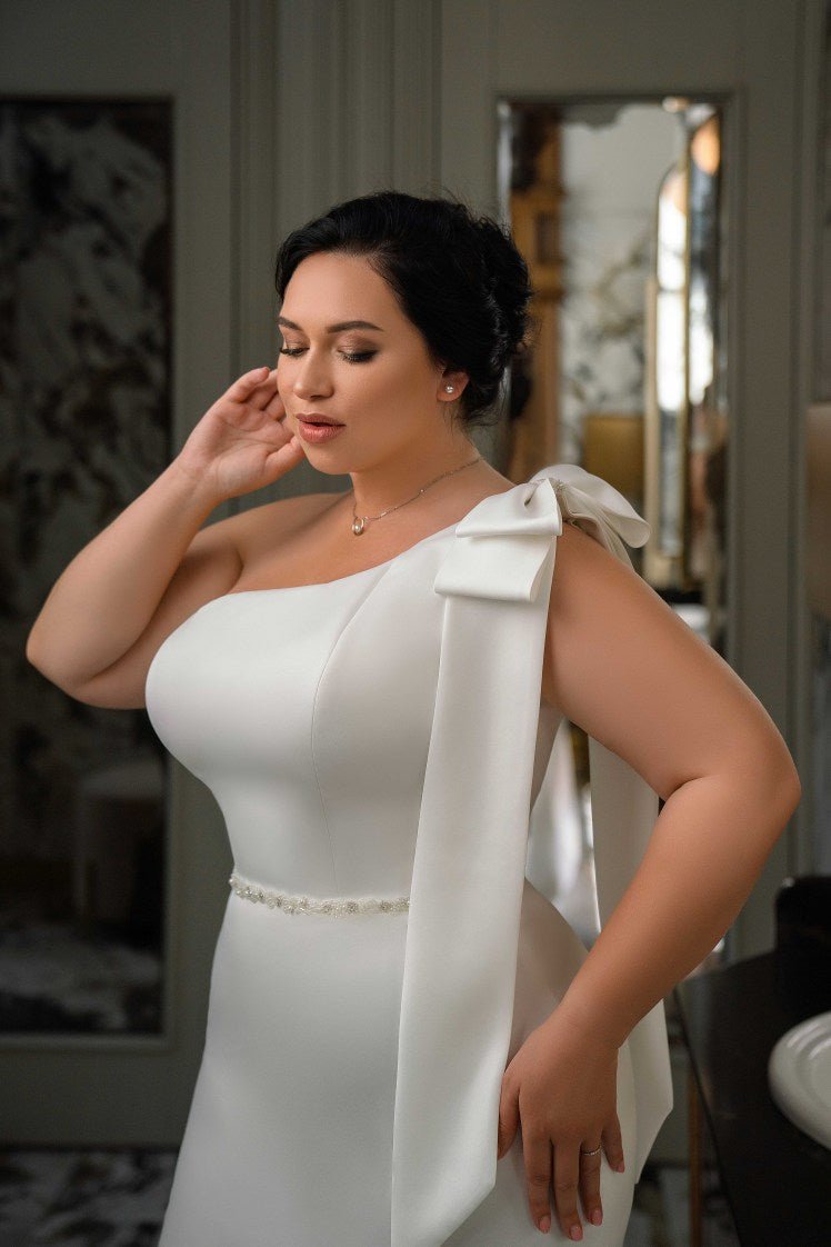 Plus Size Simple Modest Wedding Dress with Asymmetrical Bodice and Del WonderlandByLilian Plus Size Simple Modest Wedding Dress with Asymmetrical Bodice and Del WonderlandByLilian