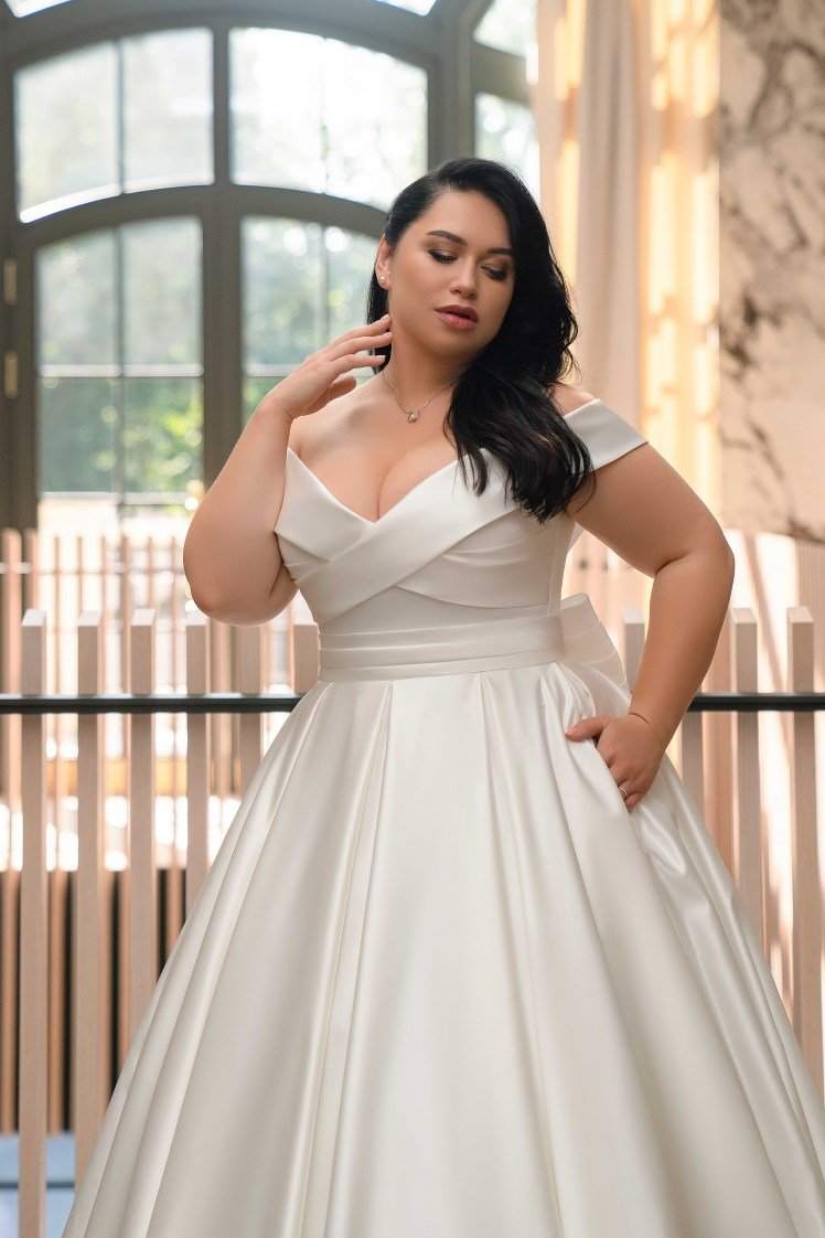 Plus Size Simple Satin Wedding Dress with Corset Back - Off the Shoulder Wedding Gown with Convertible Bow and Train - NARINE - WonderlandByLilian