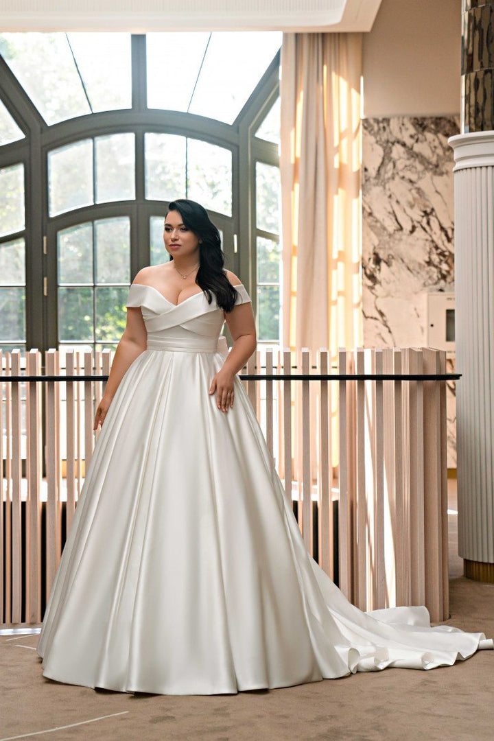 Plus Size Simple Satin Wedding Dress with Corset Back - Off the Shoulder Wedding Gown with Convertible Bow and Train - NARINE - WonderlandByLilian