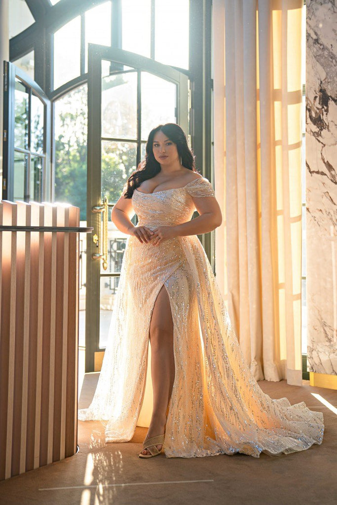 Plus Size Strapless Glitter Dress with Detachable Train - Off Shoulder Wedding Dress with Draped Waist Corset and High Slit - NADINE