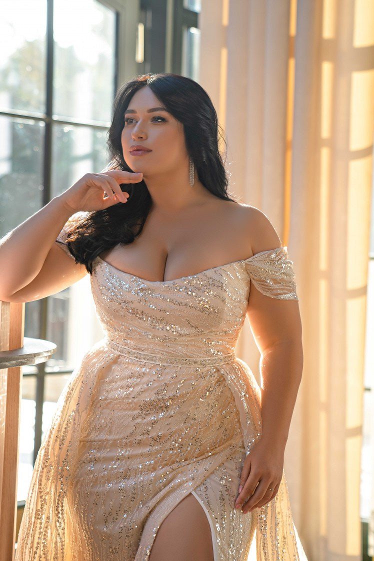 gold glitter dress plus size Plus Size Strapless Glitter Dress with Detachable Train - Off Shoulder Wedding Dress with Draped Waist Corset and High Slit